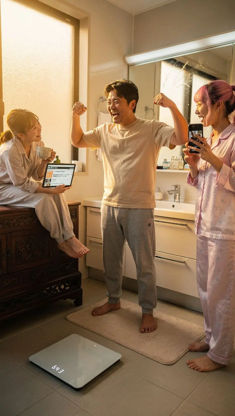 家族それぞれの体重と健康データを管理できるスマート体重計の画面表示。